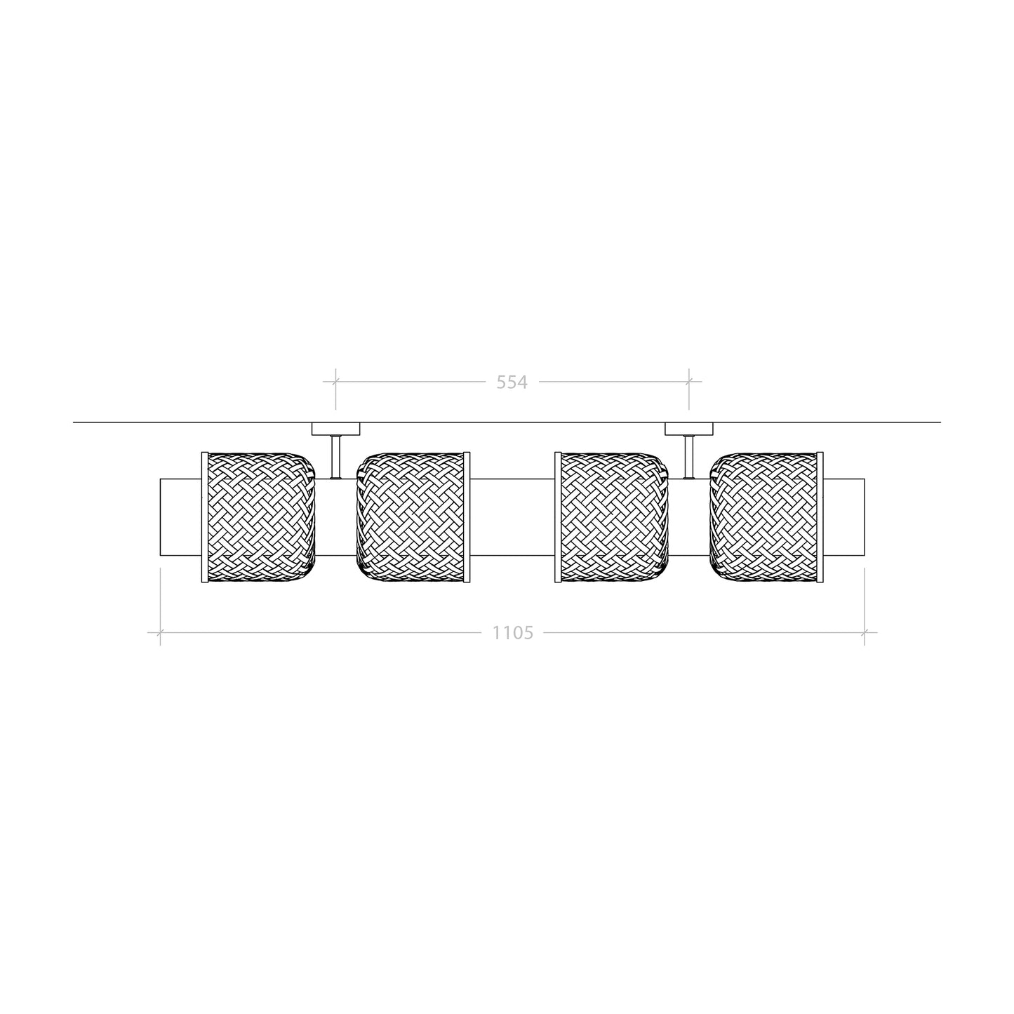 Metamorphosis bamboo pendant lamp technical drawing showing 110cm modular design with four woven cylindrical shades.