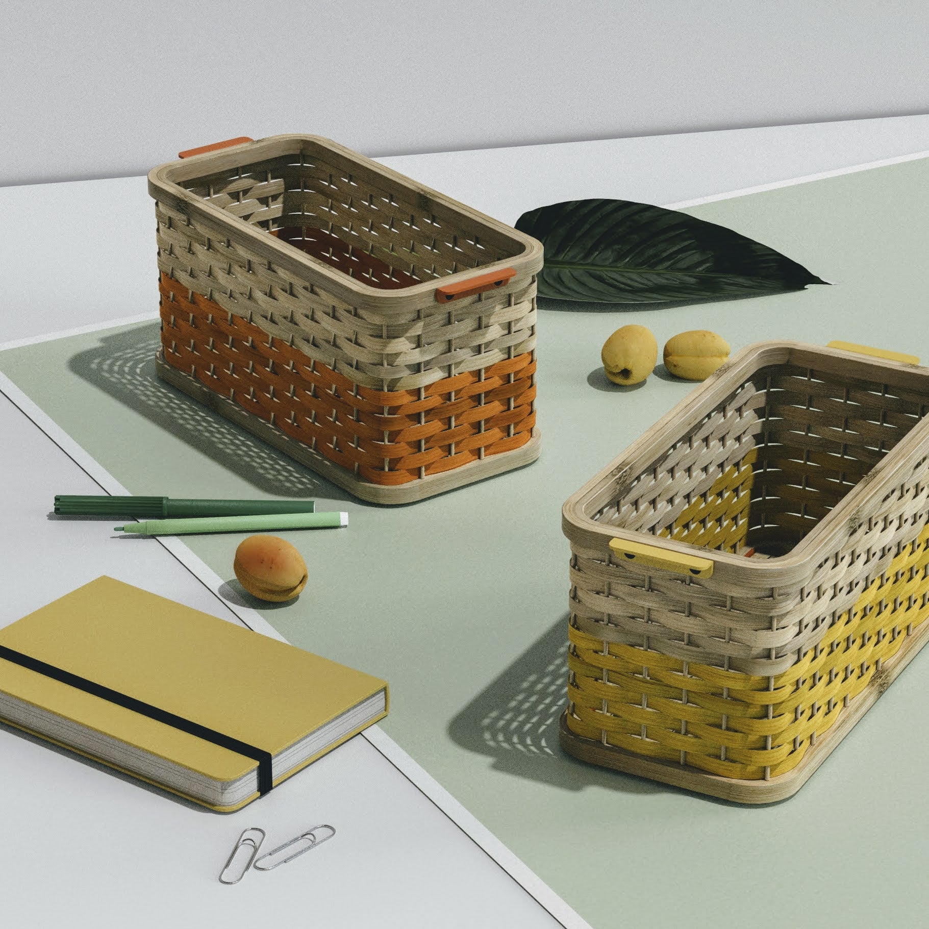 Stadium Desk Basket: Bamboo Handwoven Storage Basket | Multi-Color Basket for Office Desk Study Table | Corporate Gifting [30cm/12in(L) x 15cm/6in(B) x 15.5cm/6in(H)]-Mianzi