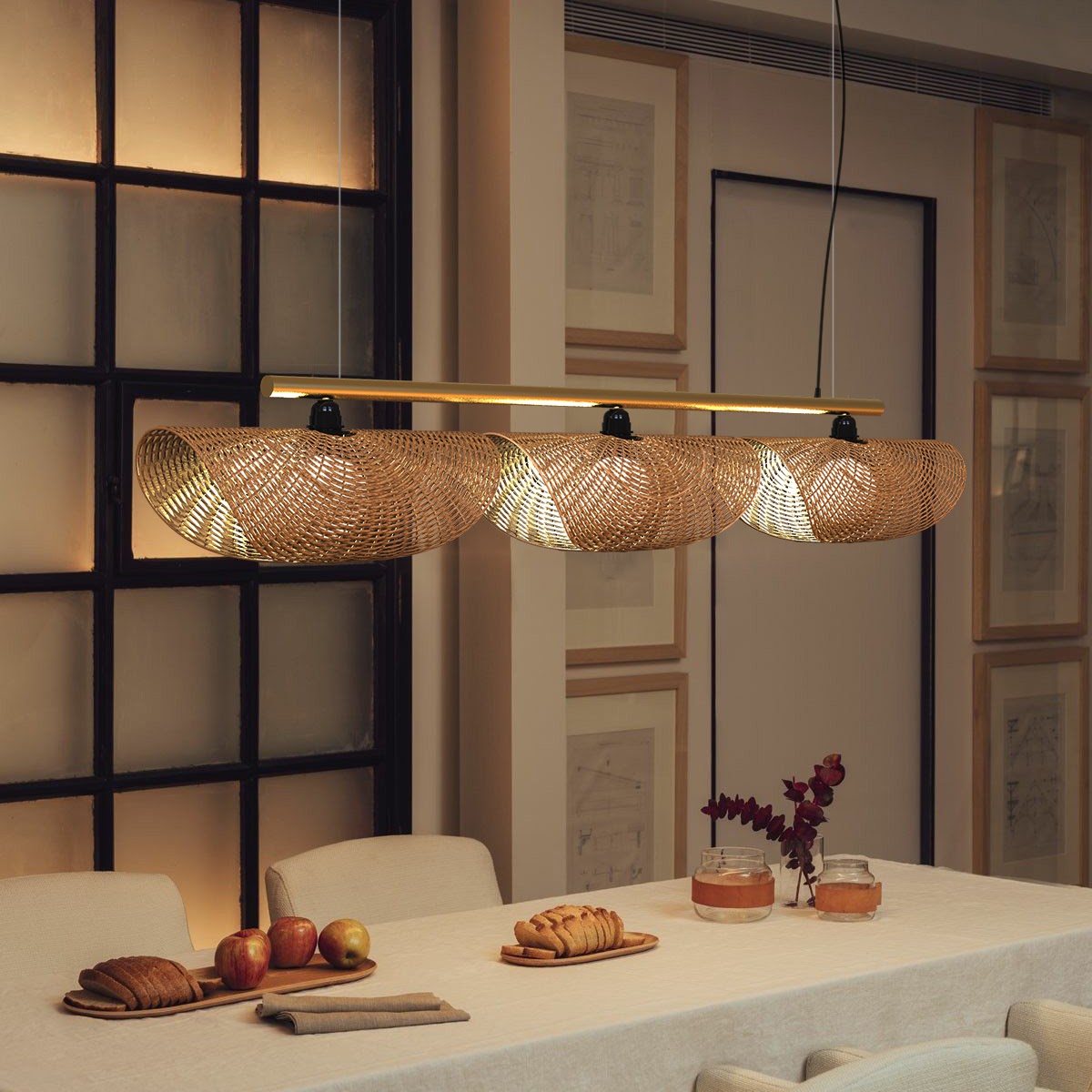 Ooas Linear Pendant Lamp: Japandi Hanging Lamp Handmade Chandelier Cafe Lighting [145cm/57in(L) x 21cm/8.2in(H)]-Mianzi