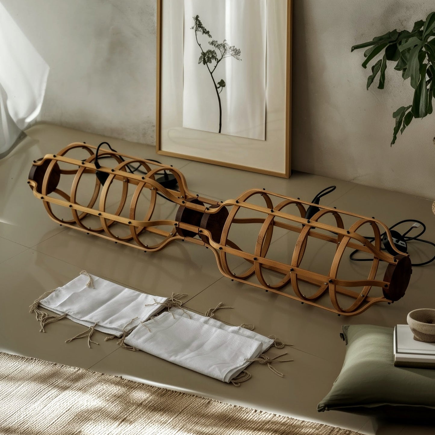 Wooden frame on a wooden floor with a framed picture and plant in the background