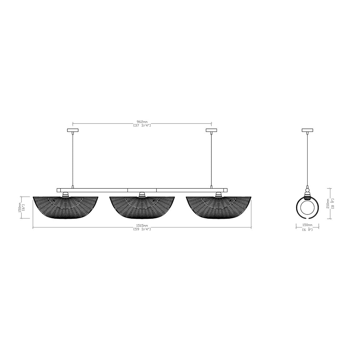 Ooas Linear Pendant Lamp: Japandi Hanging Lamp Handmade Chandelier Cafe Lighting [145cm/57in(L) x 21cm/8.2in(H)]